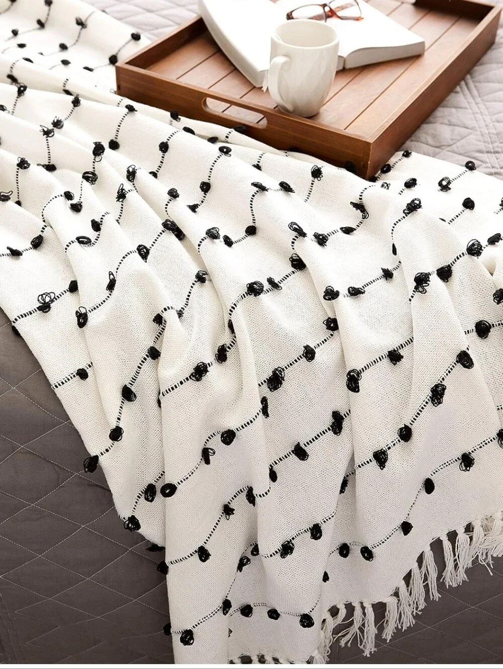 Off-white & Black Woven Cotton Loop Throw Blanket With Fringe